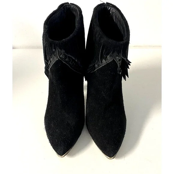 IRO Xabea Black Suede Leather Bootie Ankle Boot Fringe Point Toe Cone He…